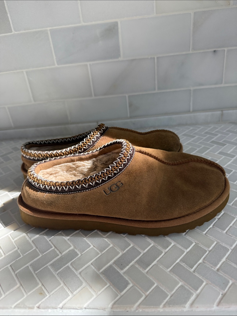 UGG Men's Chestnut Suede Shearling-Lined Slip-On Mules